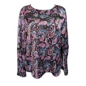 A.U.W. Paisley Print Long Bell Sleeve Blouse Top XL Crochet Bohemian Loose Fit